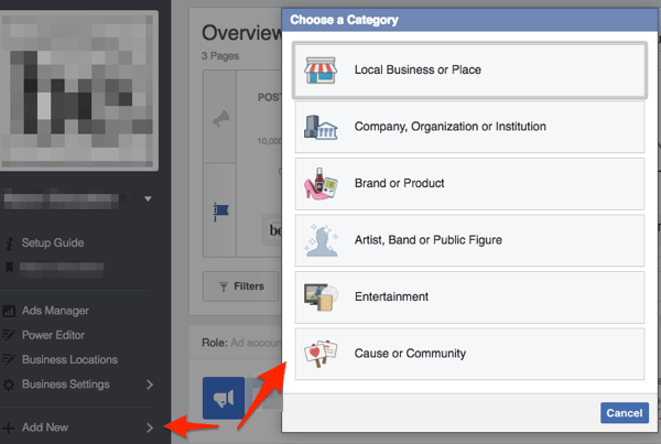 facebook stranica odaberite poslovnu kategoriju