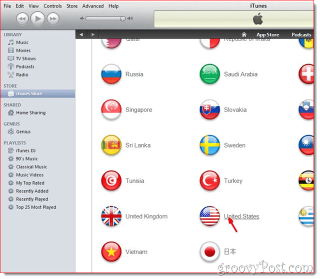 iTunes - Kliknite United States Flag