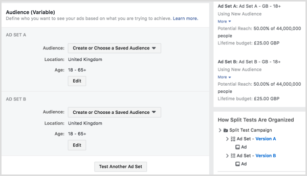 Podijelite test prikazivanja svojih Facebook oglasa za dvije ili više publike.