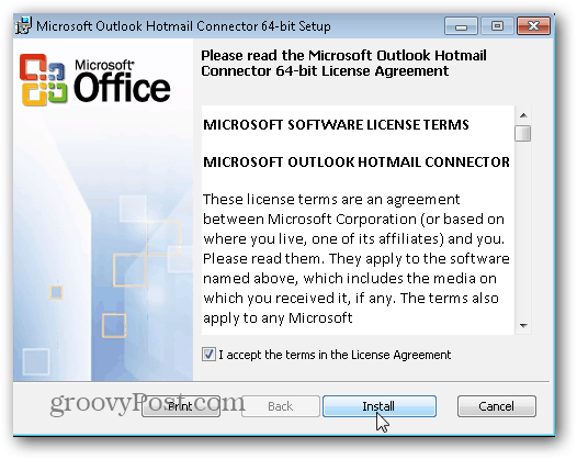 Outlook.com Outlook Hotmail konektor - kliknite Instaliraj