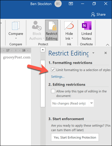 Opcija ograničenja oblikovanja u programu Microsoft Word
