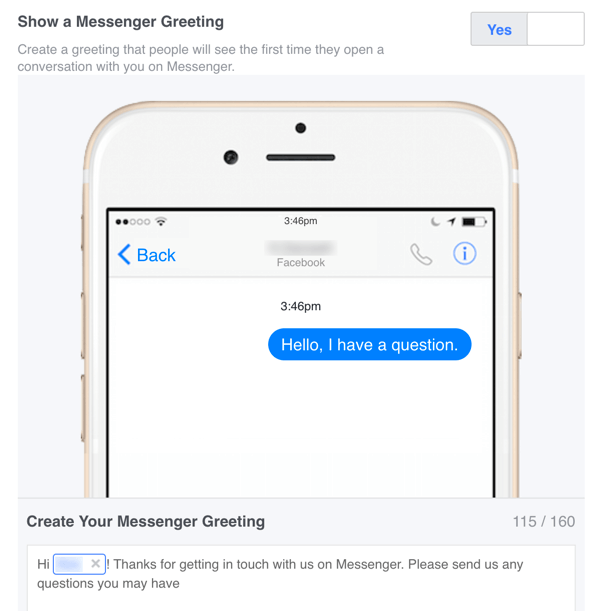 U postavkama možete postaviti prilagođenu poruku dobrodošlice za Facebook Messenger.