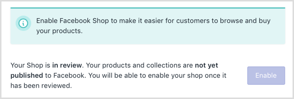 Shopify prikazuje internetsku poruku da je vaša Facebook trgovina na pregledu.