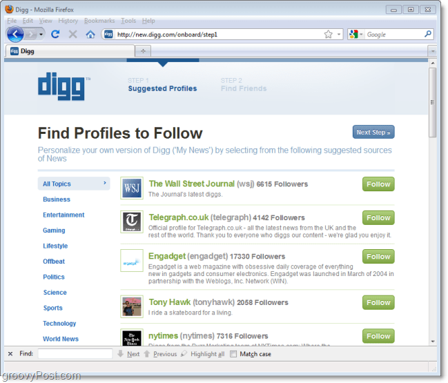nova značajka Digg follow tijekom prve prijave