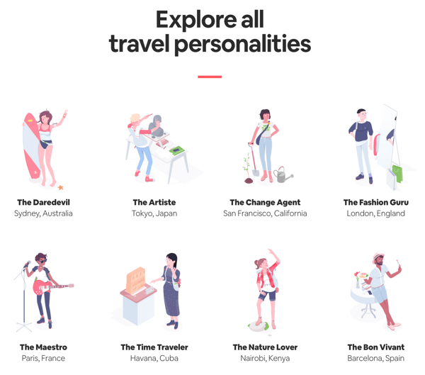 Primjer stranice sa svim ishodima s rezultatima koje korisnik može istražiti iz Airbnb-ovog kviza Travel Matcher.