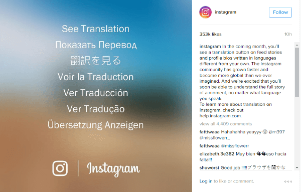 gumb za prijevod instagrama