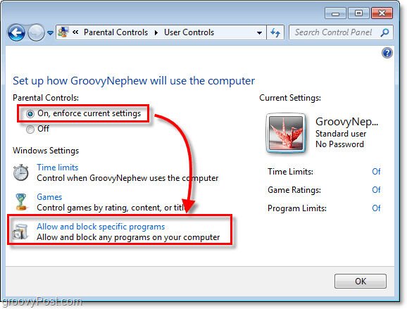 uključite roditeljski nadzor u sustavu Windows 7 za određenog korisnika i zatim dopustite i blokirajte određene programe