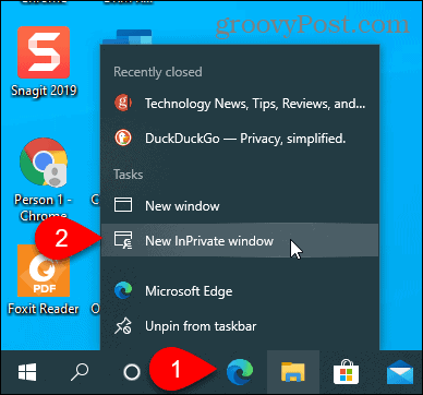 Odaberite Novo InPrivate Window na ikoni Edge na traci zadataka