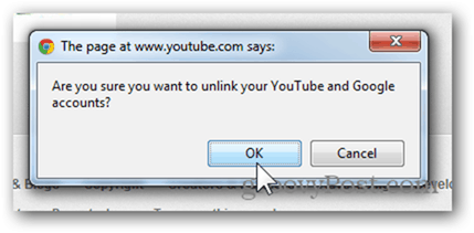 Povežite račun YouTubea s novim Google računom - Kliknite U redu da biste prekinuli vezu računa