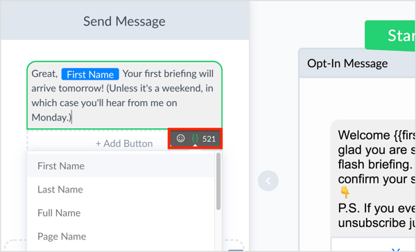Prilagodite svoju poruku klikom na ikonu kovrčavih zagrada i dodavanjem emojija.