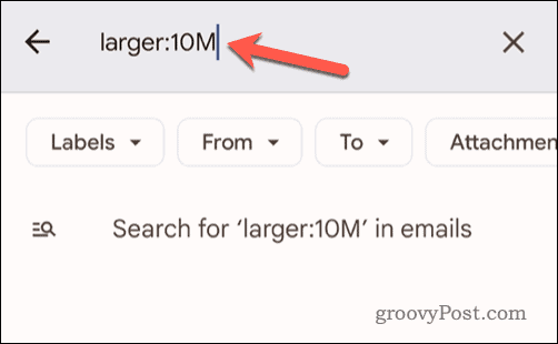 Postavljanje kriterija veličine e-pošte u Gmail traci za pretraživanje na mobilnom telefonu