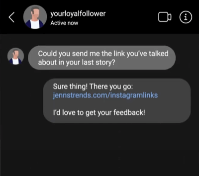 primjer izravne poruke instagrama s vezom uključenom u odgovor na poruku