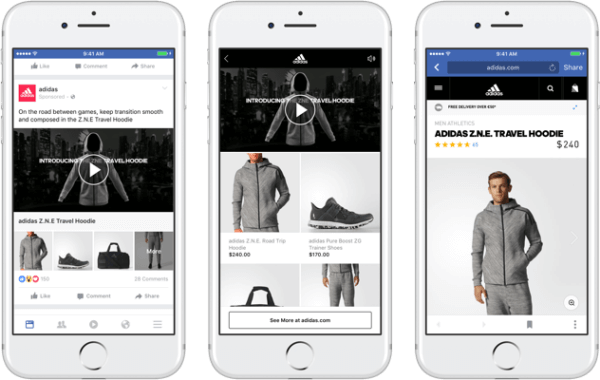S Facebookovim novim formatom oglasa za kolekciju, robne marke mogu sadržavati primarni videozapis ili sliku koji vode do impresivnog, brzo učitavajućeg doživljaja kupovine na Facebooku. 