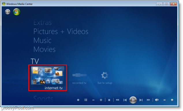 Windows 7 Media Center - kliknite internetsku televiziju