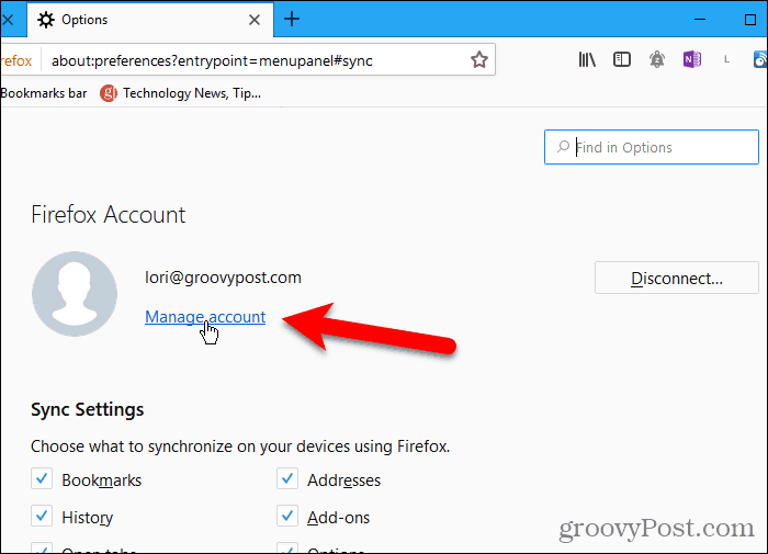 Kliknite Upravljanje računom u Firefoxu za Windows