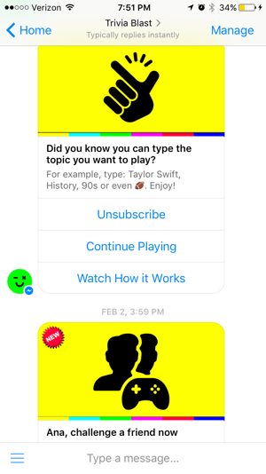 Chatbot Trivia Blast fokusira se na trivia igre koje korisnici mogu igrati, ali također održava visoku razinu interakcije s opcijama poput 