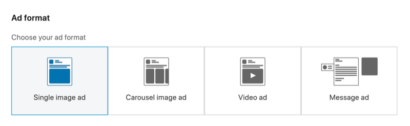 snimka zaslona opcije Single Image Ad odabrana za format oglasa LinkedIn