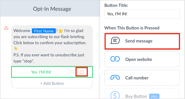Kliknite gumb opcije pored gumba poziva na akciju i kliknite Pošalji poruku.