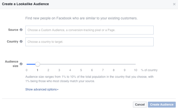 Te ćete opcije vidjeti kad stvorite Facebook izglednu publiku.