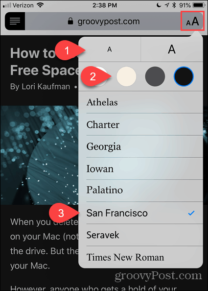 Promjena fonta i boje u programu Reader View u Safariju za iOS