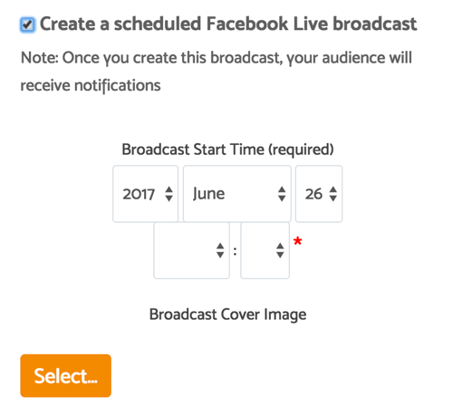 Nakon što kliknete potvrdni okvir za planiranje emitiranja, možete odabrati datum, vrijeme i naslovnu sliku.