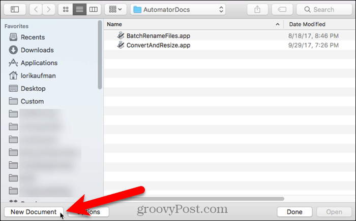 Kliknite Novi dokument u programu Automator na Macu
