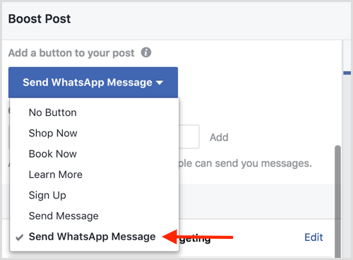 Odaberite opciju Pošalji WhatsApp poruku kada pojačate objavu na Facebooku.