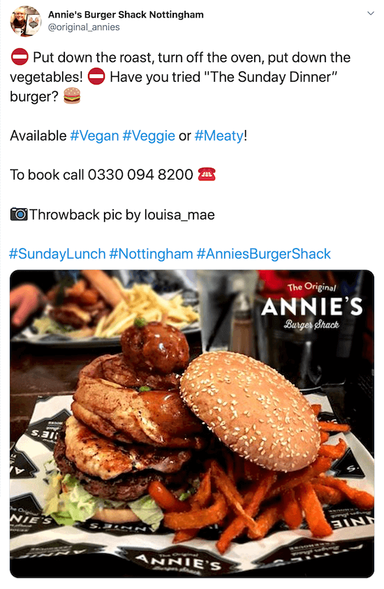 snimka zaslona twitter posta @original_annies sa slikom hamburgera i krumpirića od batata pod dopadljivim opisom, njihovim telefonskim brojem, zaslugom slike i hashtagovima