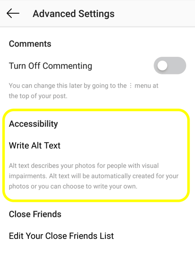 Kako dodati zamjenski tekst na Instagram postove, korak 2, opcija pristupačnosti Instagram posta za postavljanje alt oznake