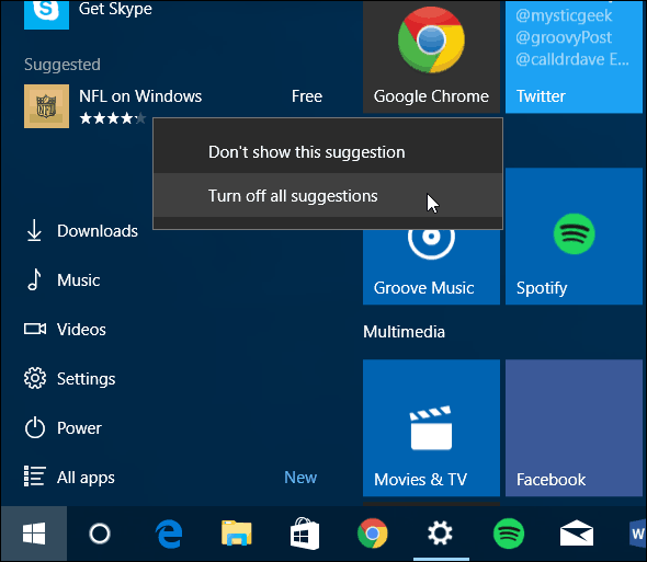 Izbornik Start Windows 10 Isključite predložene aplikacije