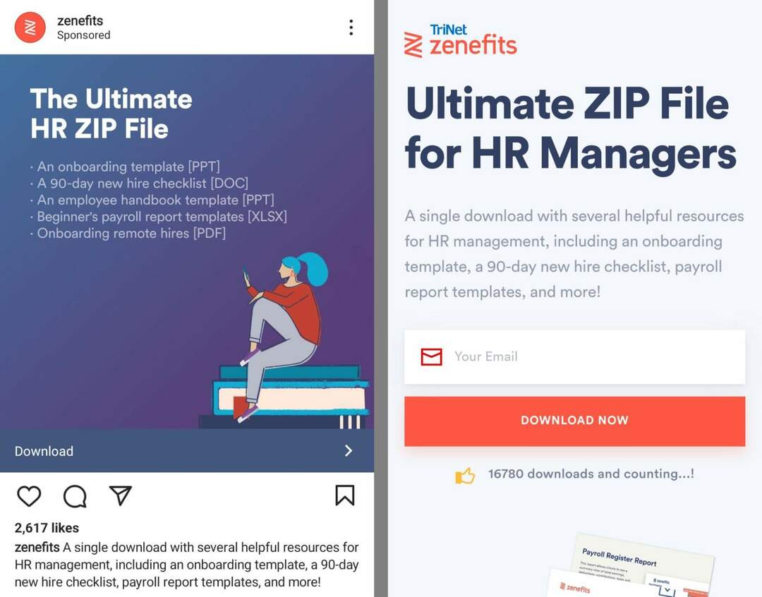 how-to-grow-your-email-list-on-instagram-using-instagram-landing-page-promotes-customer-email-download-cta-call-to-action-automatically-redirects-to-landing-page- zenefits-primjer-17