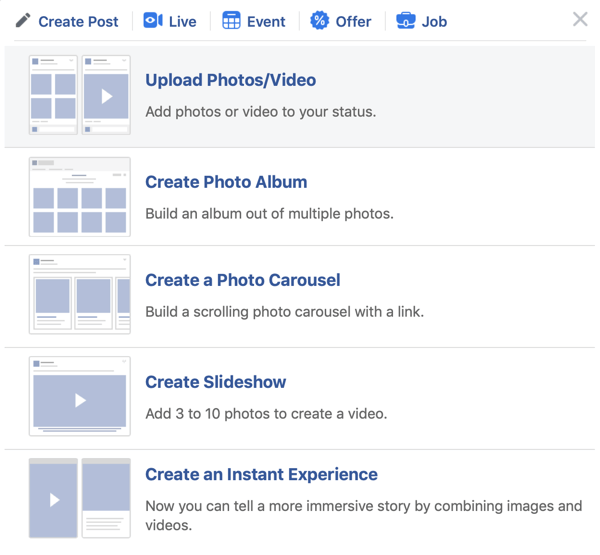 Kako postaviti Facebook Premiere, korak 2, učitati fotografiju / video opciju