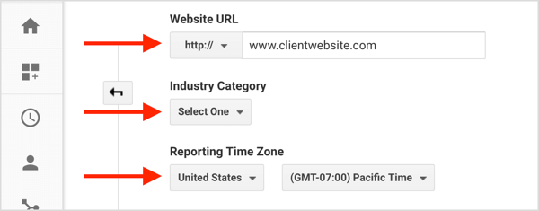 Ispunite podatke da biste stvorili novi račun klijenta sa svog Google Analytics računa.