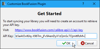 Unesite ključ API-ja u dijaloškom okviru Prilagodivanje dodatka BookFusion dodatka u kalibru
