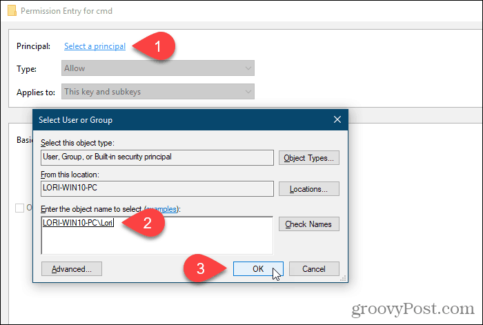 Kliknite Odaberi ravnatelja i odaberite korisnika ili grupu za dopuštenja u Windows registru