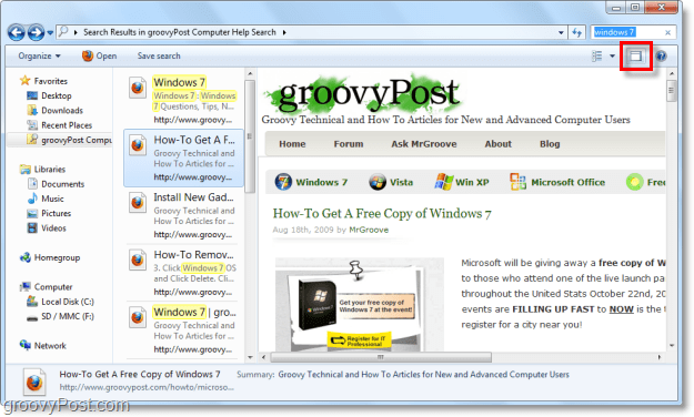 koristite okvir za pregled Windows 7 za prikaz web stranica putem priključka za pretraživanje u prozoru preglednika