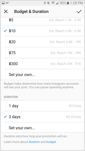 Postavljeni proračun za promociju Instagram oglasa