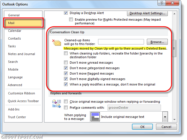 očistiti mogućnosti pošte Outlook 2010 razgovor