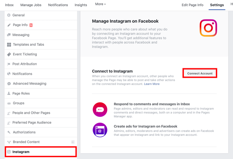 kako povezati Facebook stranicu s poslovnim računom Instagrama u postavkama Facebook stranice