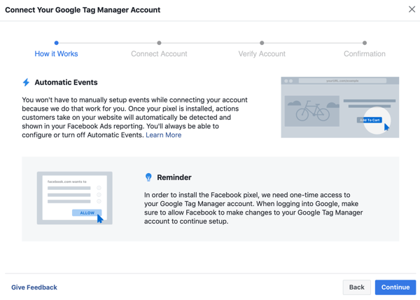 Koristite Google Tag Manager s Facebookom, korak 6, gumb za nastavak kada spajate Google Tag Manager sa svojim Facebook računom