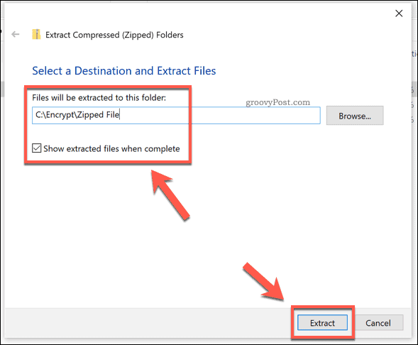 Opcije izdvajanja za zip datoteku sustava Windows