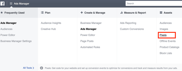 Da biste postavili Facebook piksel, otvorite Ads Manager da biste ga odabrali.