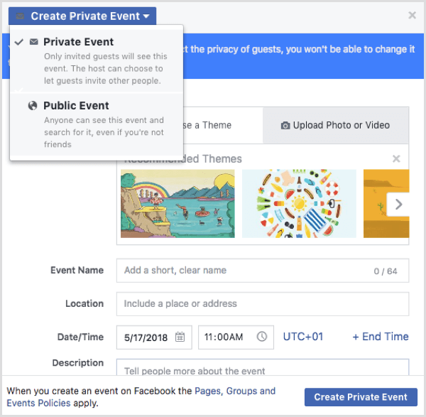 Opcije Facebook događaja prilikom kreiranja događaja s Facebook profila