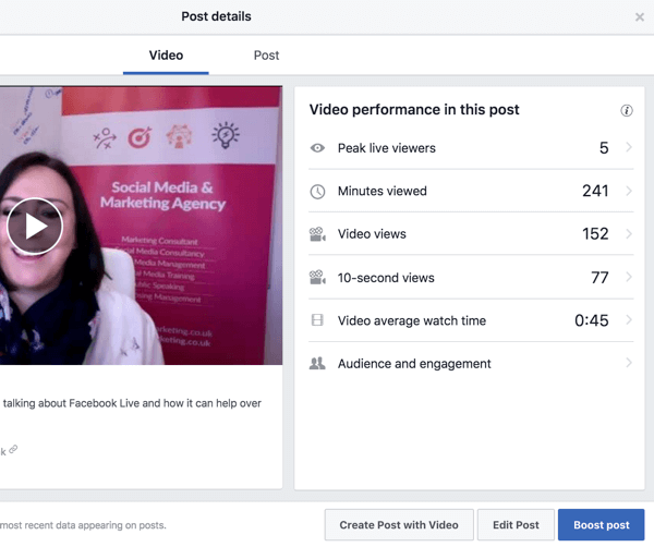 Odaberite videozapis u vašoj videoteci na Facebooku da biste vidjeli mjerne podatke o izvedbi.