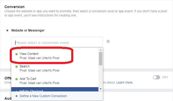 Ako ste kao cilj oglasa Facebook Messenger odabrali Konverzije, odaberite događaj konverzije.