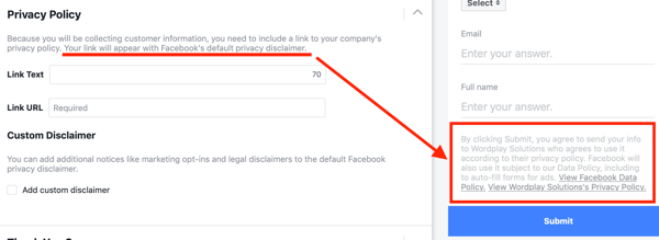Primjer politike privatnosti koja je uključena u opcije Facebook oglasne kampanje.