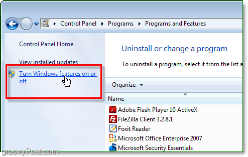 kliknite Uključivanje ili isključivanje značajki Windows iz programa programa Windows 7 i prozora
