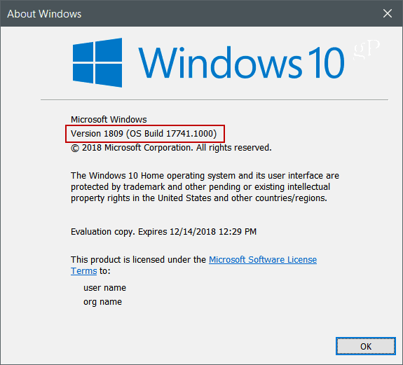 Winver Windows 10 Verzija 1809