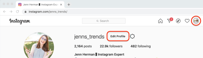 snimka zaslona instagram profila s istaknutim gumbom 'uredi profil'