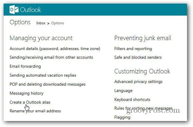 Kako se koristi Outlook.com aliasa